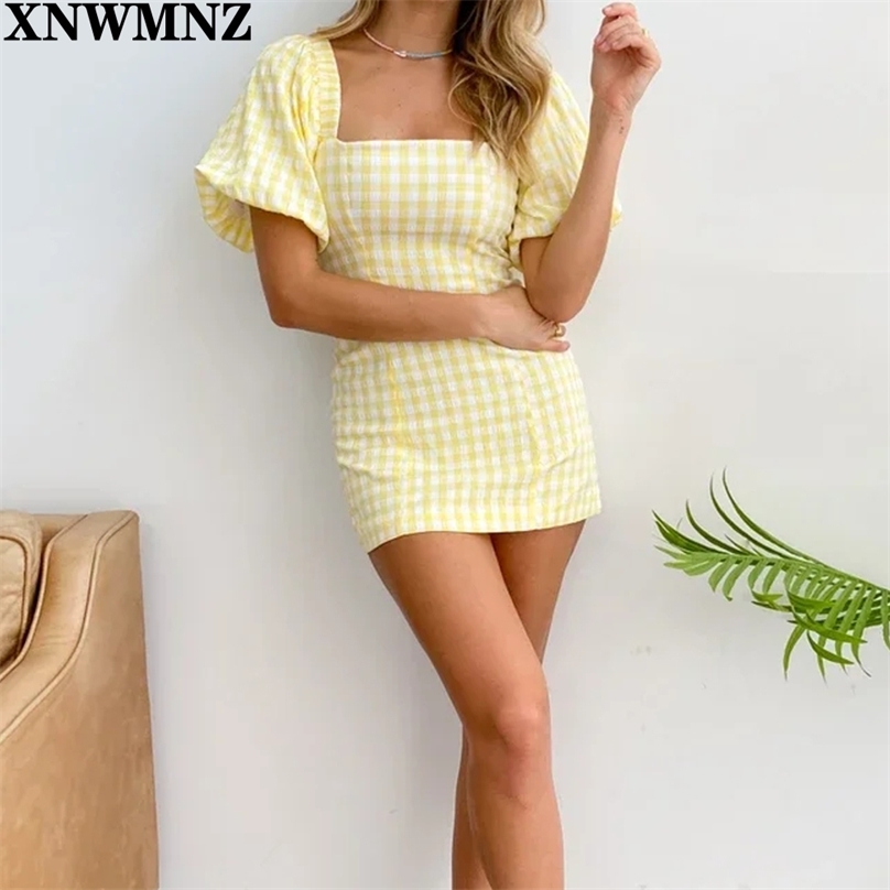 

dress Fashion Cute Yellow Tartan Print Sheath Vestidos Retro Plaid Mini Dresses Slim Puff Sleeve Summer Dress women 210520, Black