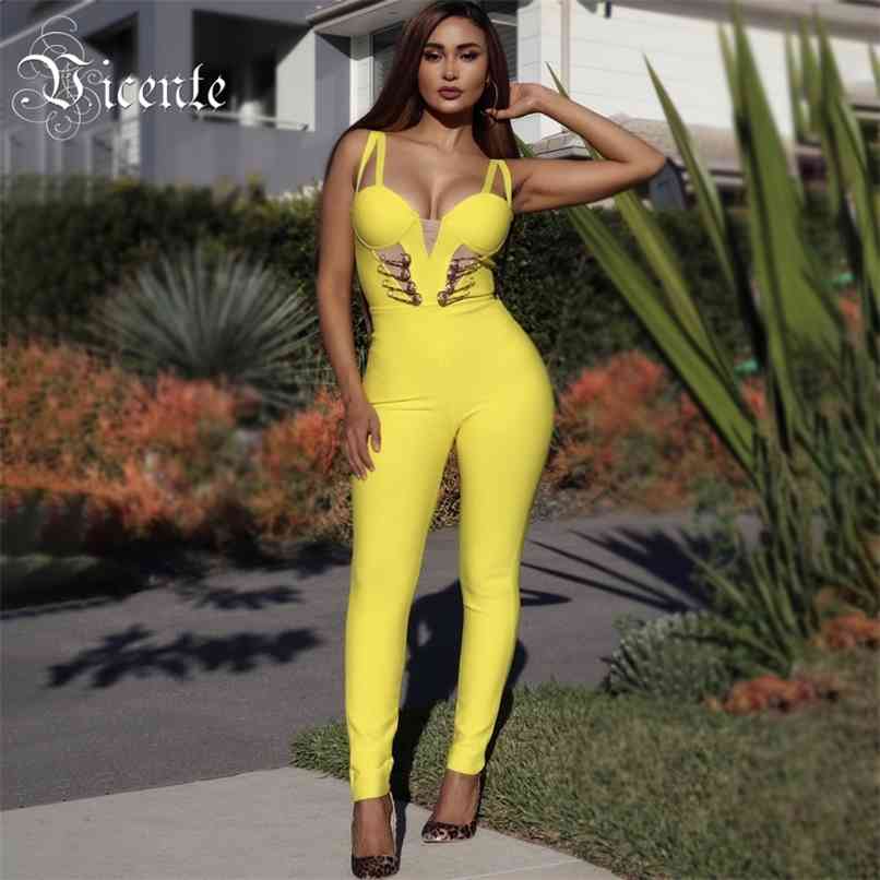 

Arrival Pin Bandage Jumpsuit Sexy Spaghetti Strap V Neck Mesh Splicing Celebrity Party 210520, Beige