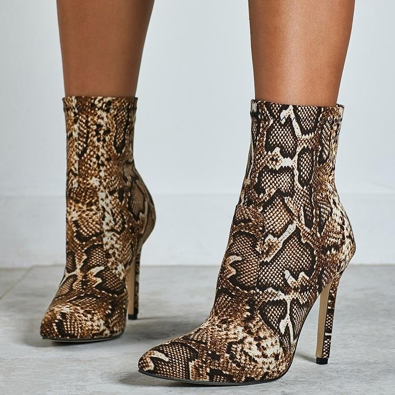 

Dress Shoes Autumn And Winter Mid Barrel Pointed Thin Heel Women's Boots Snake Pattern Sexy Super High, Snake brown