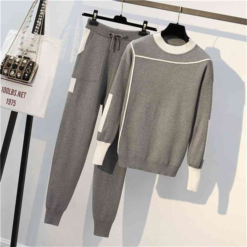 

Plus Size Winter Women Knitted 2 Piece Set Long Sleeve O Neck Sportwear Pullover Sweater And Pocket Pant Suit 2pcs set 210519, Picture color