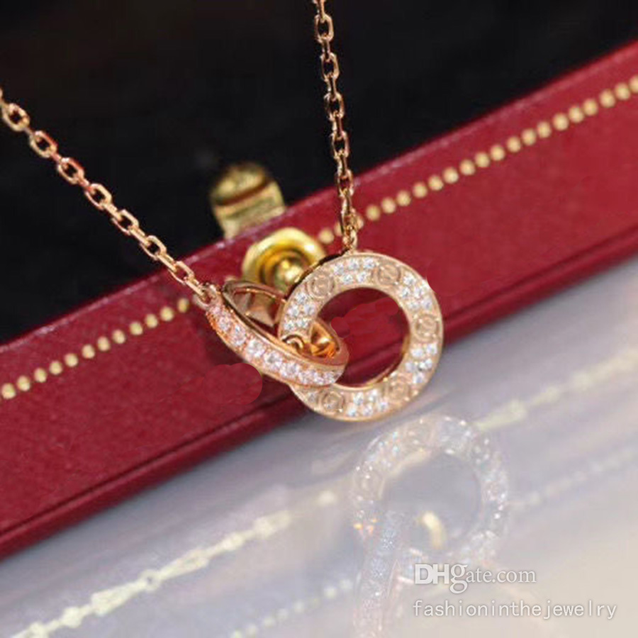 

Luxury Fashion Necklace Designer Jewelry Engagement Sterling Silver double rings diamond pendant Rose Gold necklaces for women 45cm chains birthday gift