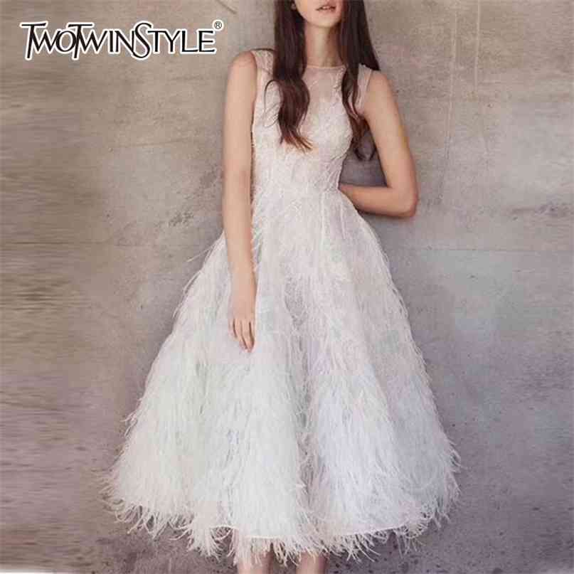 

Party Dress Female O Neck Sleeveless Embroidery Beading Feather Midi Dresses Women Elegant Fashion Summer 210520, Black