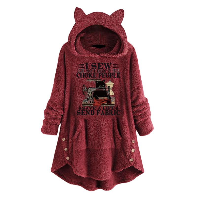 

Women's Hoodies & Sweatshirts Kawaii Cat Print Women Casual Ear Hat Mid-length Blouse Printed Hooded Loose Top Mid-sleeve Cute Animal, Black