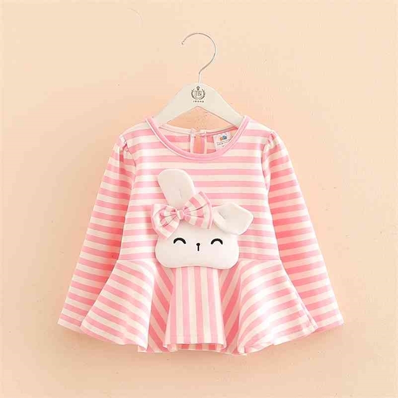 

Kids Tops Fashion Spring Autumn Long Sleeve O-Neck Cute Rabbit Bow Striped Patchwork Baby Tees Little Child Girls T Shirts 210701, Pink
