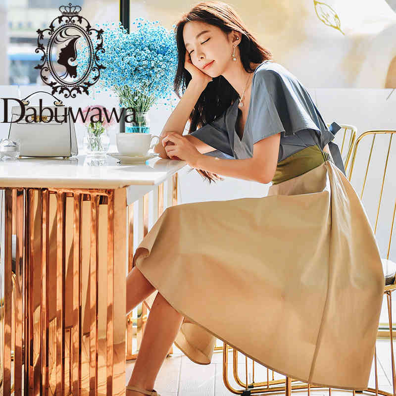 

Dabuwawa Patchwork Fit and Flare Long Dress Women Bat Sleeve V-Neck High Waist Party Cotton Maxi Dresses Female DT1BDR017 210520