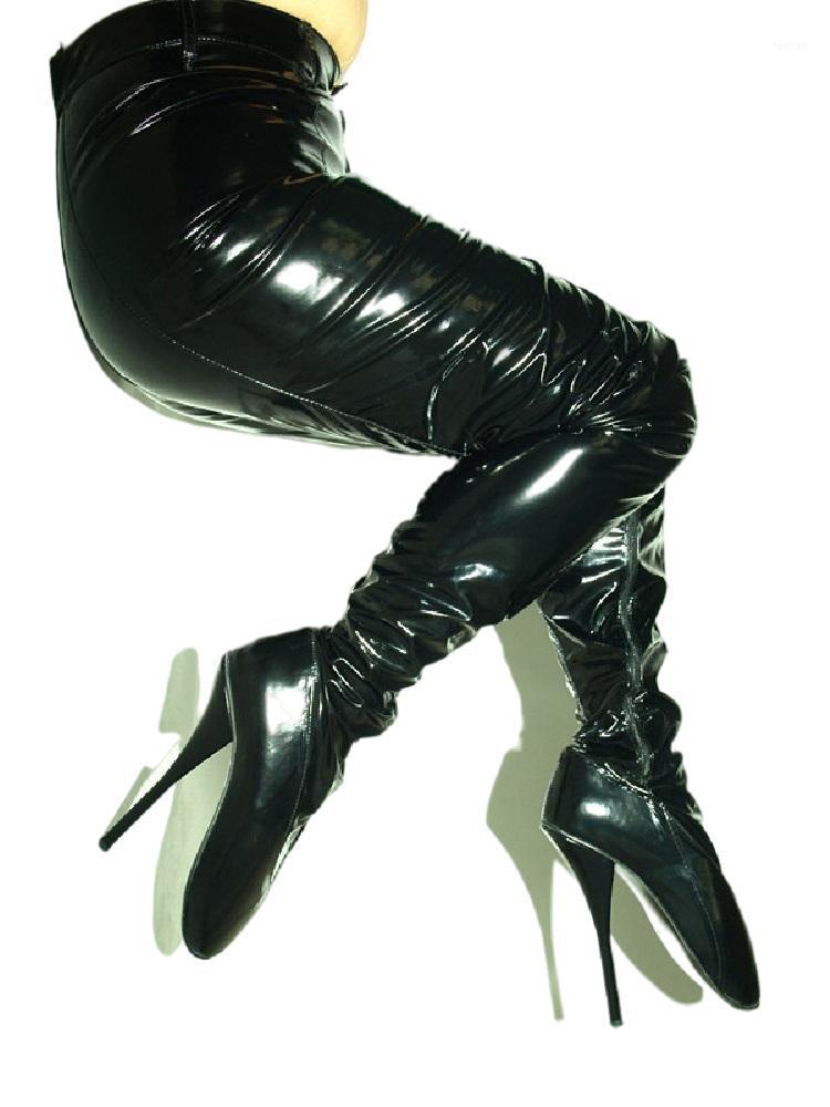 

Ballet Trousers Crotch High Boots Sexy Patent Leather Over-the-knee Long Thin Heels Black Shoes Woman Fun Pole Dance Boot