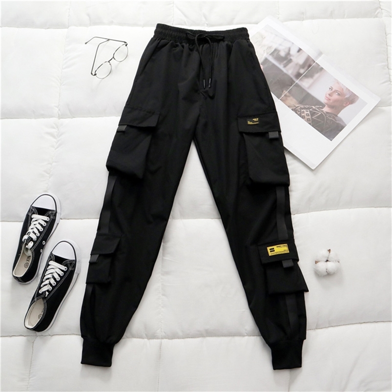 

Spring Women's High Waist Cargo Pants Winter FUR Sports Loose Pants Harajuku BF Velvet Cargo Pants Elastics Trousers 210721, Top black (spring)