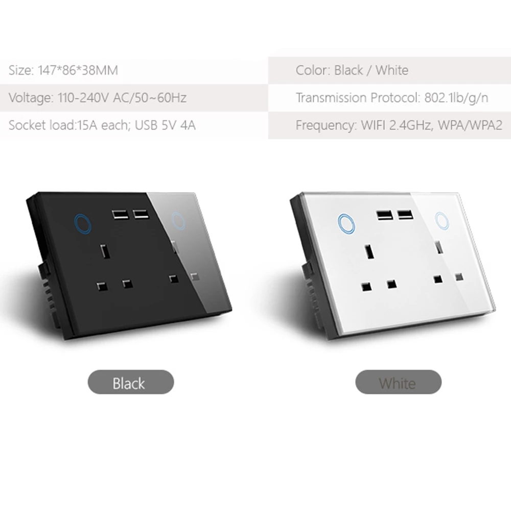 

WIFI Smart USB Wall Socket UK Electrical Plug Outlet 15A Power Touch Switch Wireless Homekit Charge Work with Alexa Google Home