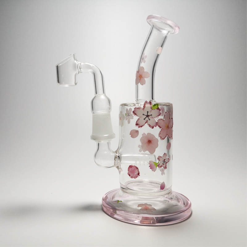 

New Arrival Hookah Print Design Pink Glass Bongs 6 Inches Sakura Glass Water Pipe With 14mm Bowl Smoking Oil Rigs Gift Set
