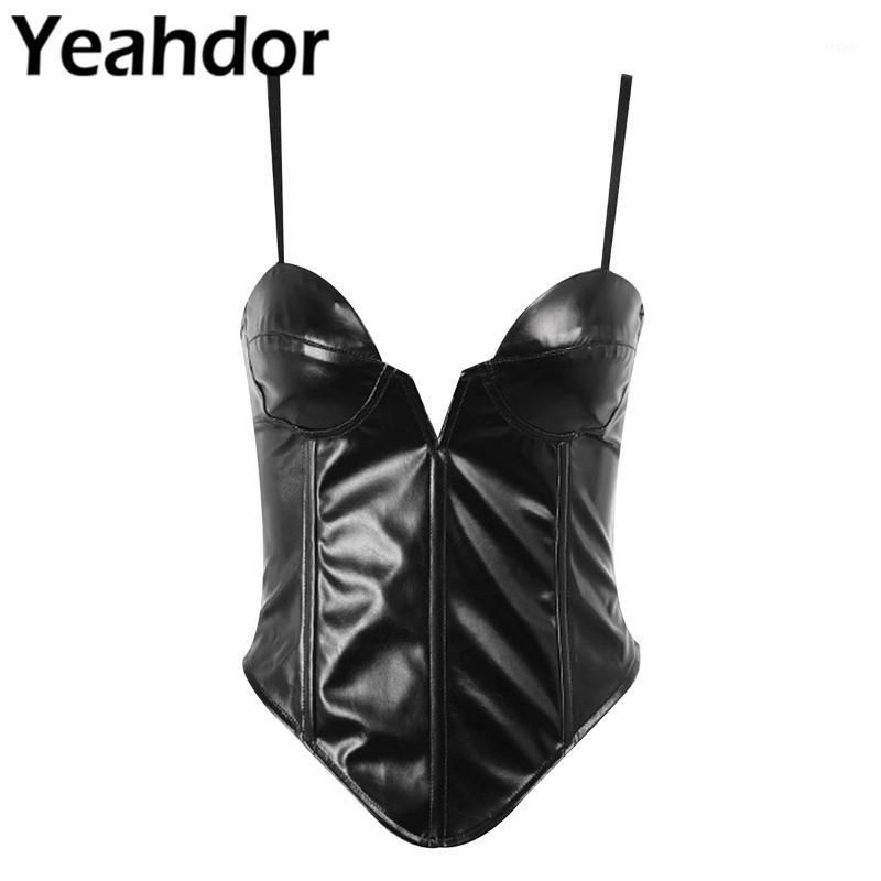 

Women Mini Tanks Top Clubwear Low-cut Zipper PU Leather Bustier Hem Camisole Backless Adjustable Spaghetti Strap Vest Tops Bras Sets, Black