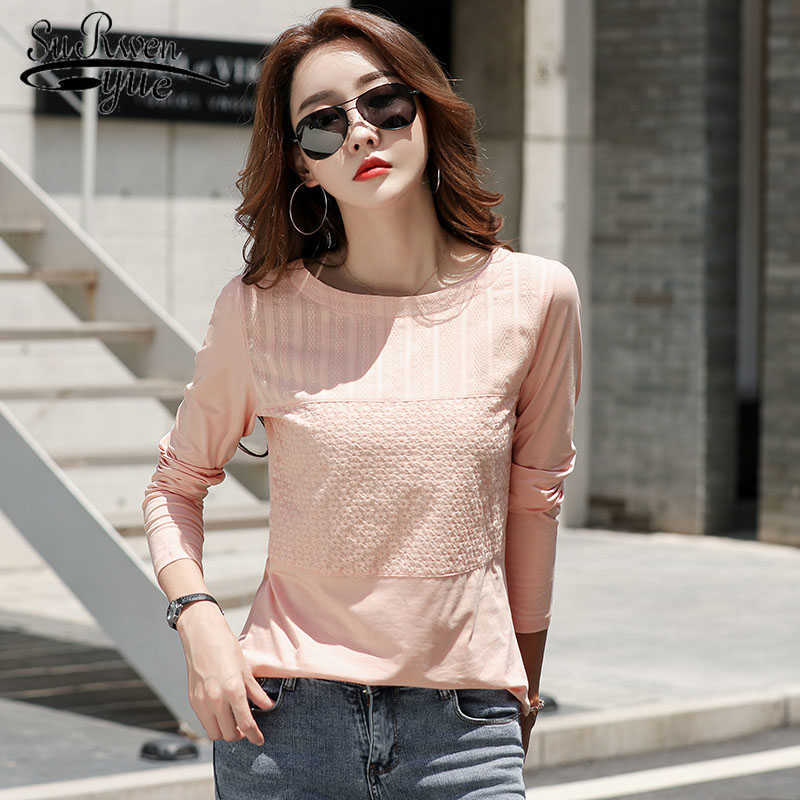 

Cotton Tshirt Women Autumn Stitching Long Sleeve Shirt Women Embroidered Office Lady Slim Patchwork Korean Clothes 10852 210527, Light blue