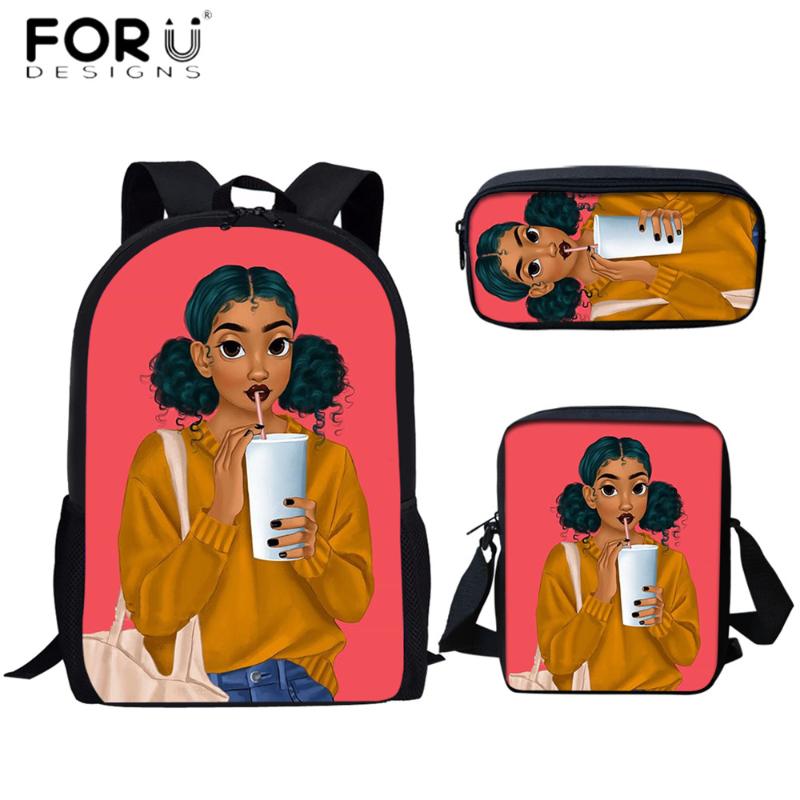 

Fashion Cartoon Cute Afro Girl Printing 3pcs School Bags Set For Teenager Kids Girls Student Mutifunctional Backpack