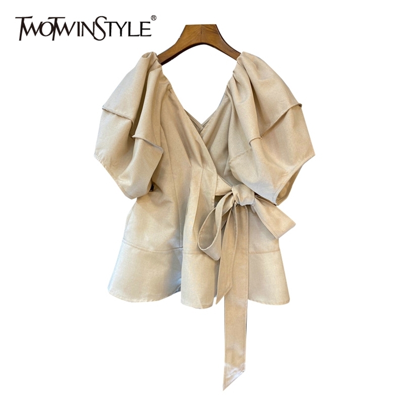 

Elegant White Shirt For Women V Neck Short Sleeve Lace Up Bowknot Casual Blouse Female Fashion Clothing Spring 210524