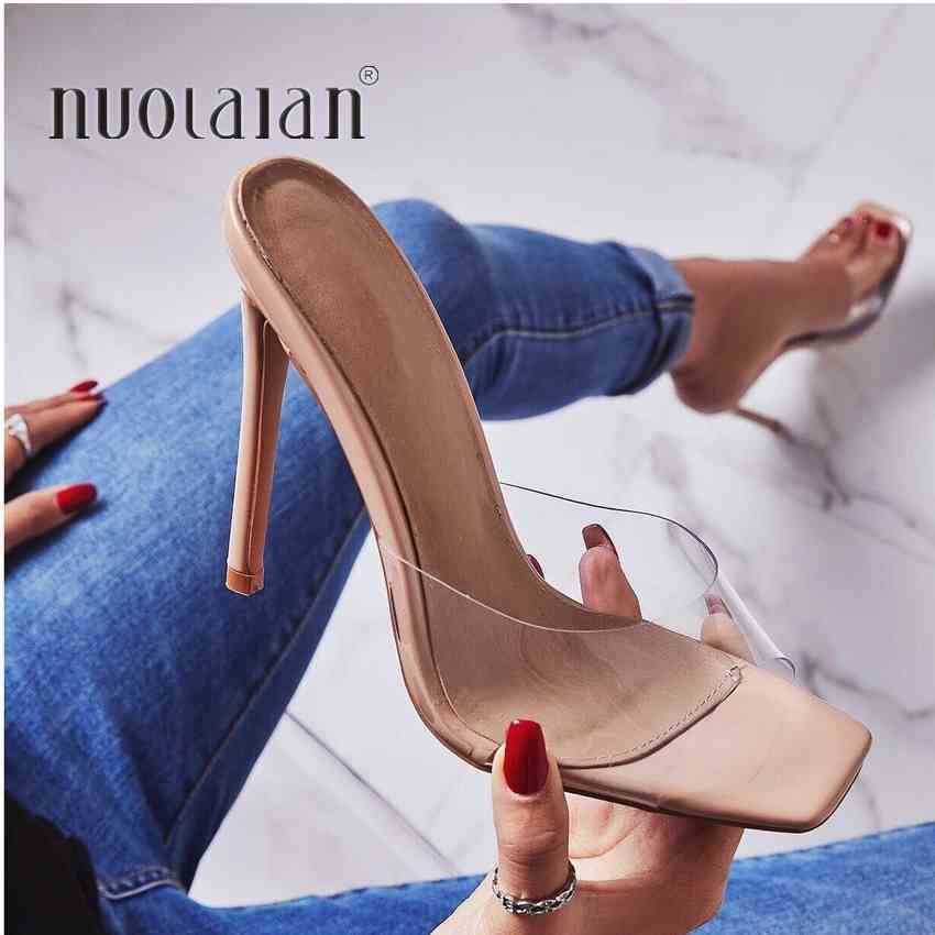

Summer Pumps Sexy PVC Slippers Sandals Shoes Women Thin High Heels Open Toe Sandal Lady Pump Shoes Mules Size 35-42, Black