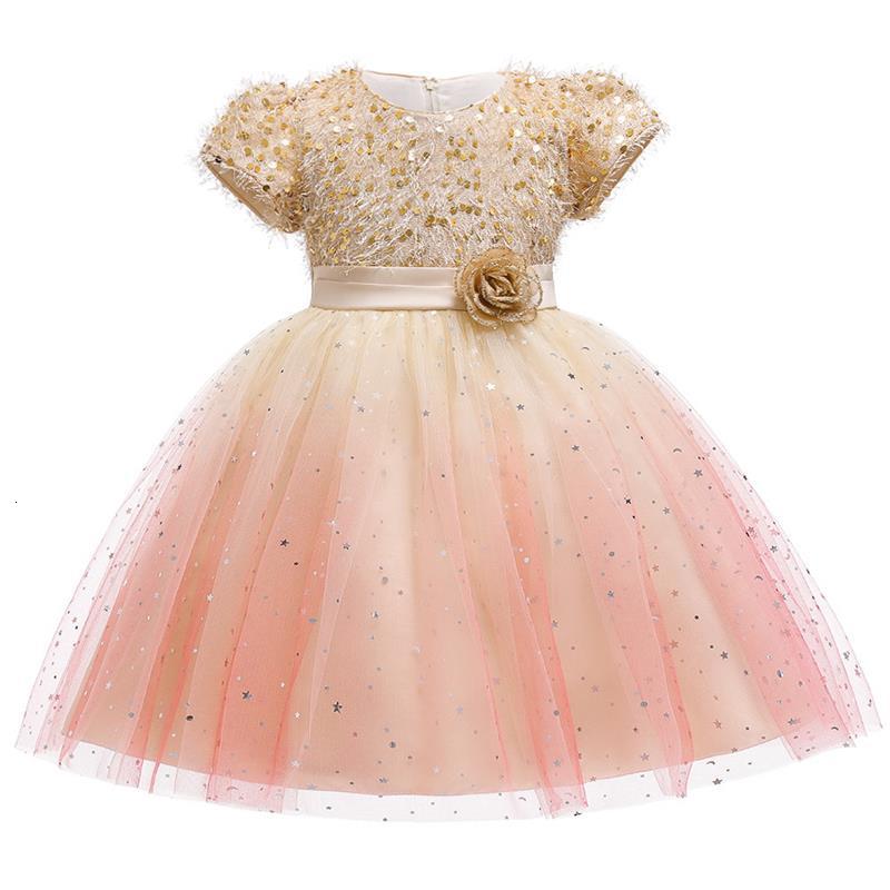 

Girl's Dresses Wholesale Starry Sky Flower Girl Gauze Sequins Short Sleeve Princess es for Party Wedding Baby Clothes 3-10Y E5161 03JF, Pink