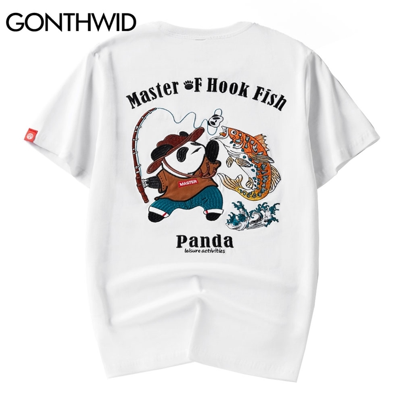 

Tshirt Casual Harajuku Streetwear Hip Hop Men Panda Fish Wave Embroidery Short Sleeve Cotton T-Shirts Fashion Tees Tops 210602, Black