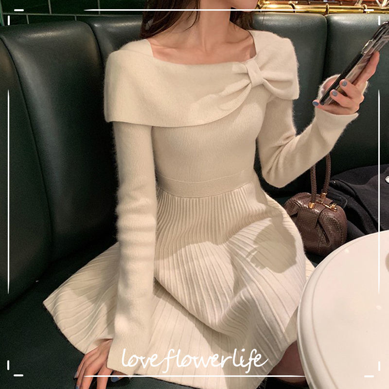 

Knit Dress Korean Spring Long Sleeve Slim Sweater Dress Women Casual Elegant Office Knit Dress Female Winter Cute 210521, Beige short dress