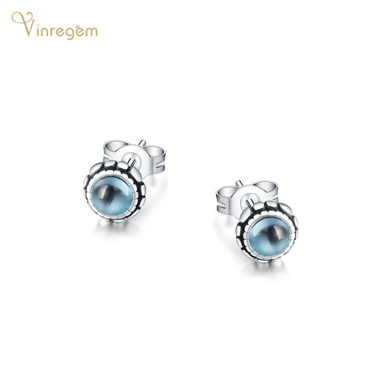 

Stud Vinregem 925 Sterling Silver Round Cut Blue Topaz Gemstone Wedding Engagement Vintage Ear Studs Earrings For Women Fine Jewelry, Golden;silver