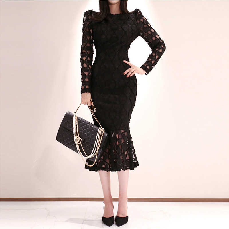 

Dress autumn and winter ladies fashion temperament women's dress slim slimming bag hip lace fishtail 210603, Black
