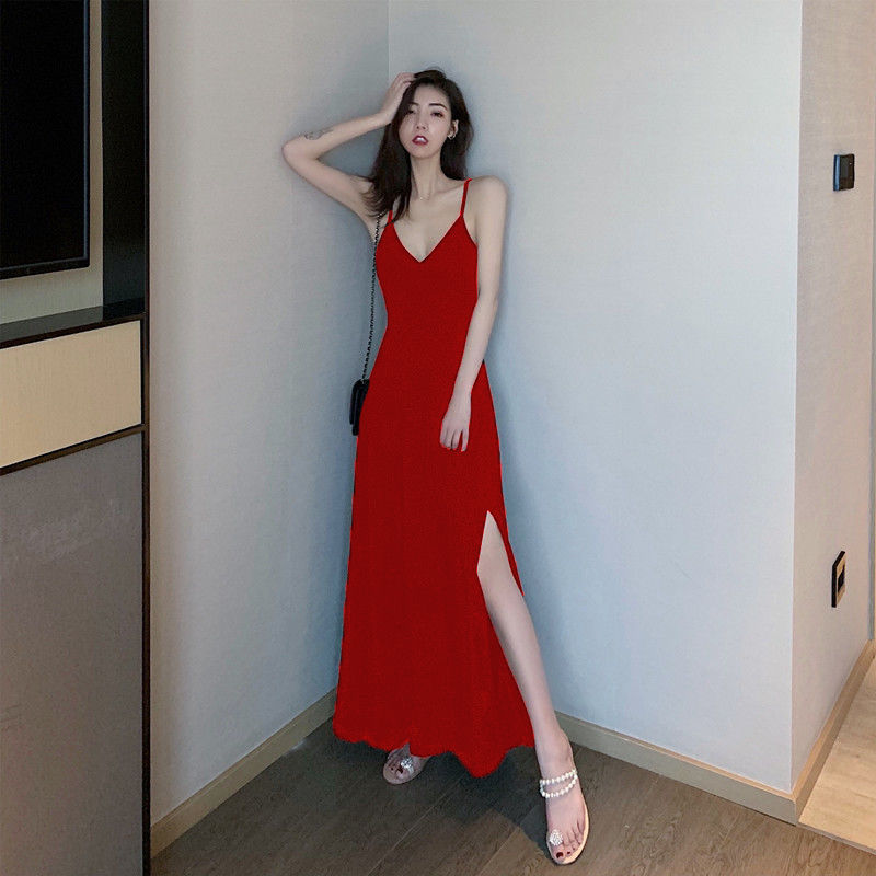 

Vintage Solid Color Slim Long Dress Vestidos Summer Korean Chic Sexy Thin Spaghetti Strap V-neck Suspender Party 210517, Red
