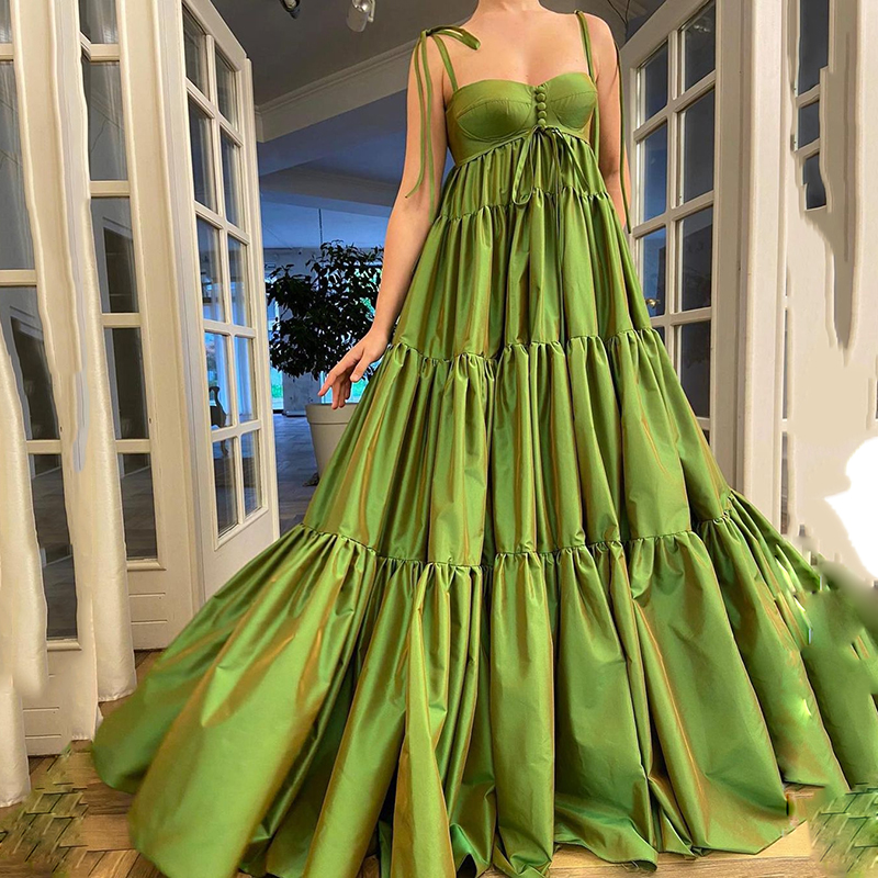 

Vintage A-Line Green Evening Dress New Elegant Spagetti Straps Ruffles Prom Formal Gown Saudi Arabia Customized Robe De Soiree Vestidos, Silver