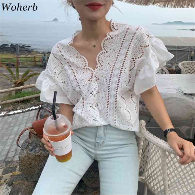 

Lace Hollow Out Blusas Korean Sweet See Through Women Blouses Sexy Solid V Neck Summer Blouse Fashion Casual Tops Shirt 210519, White