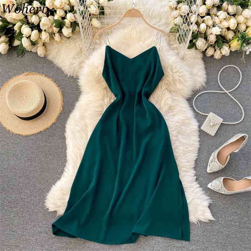 

Chic Dresses Woman Summer Beach Sundress Spaghetti Strap Korean Solid Elegant High Waist Dress Robe Vertidos 210519, Dark green