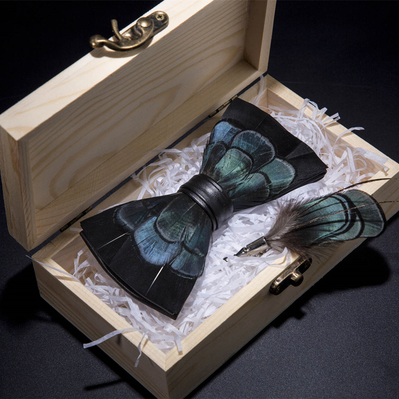 

Original Pheasant Feather Bow Tie Exquisite Hand Made Blue Black Fashion Bowtie Brooch Pin Gift Box Set For Party