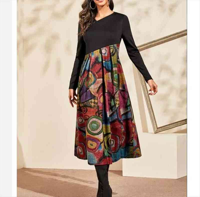 

winter long sleeve fashion women dress casual chic printing work autumn, Black;gray