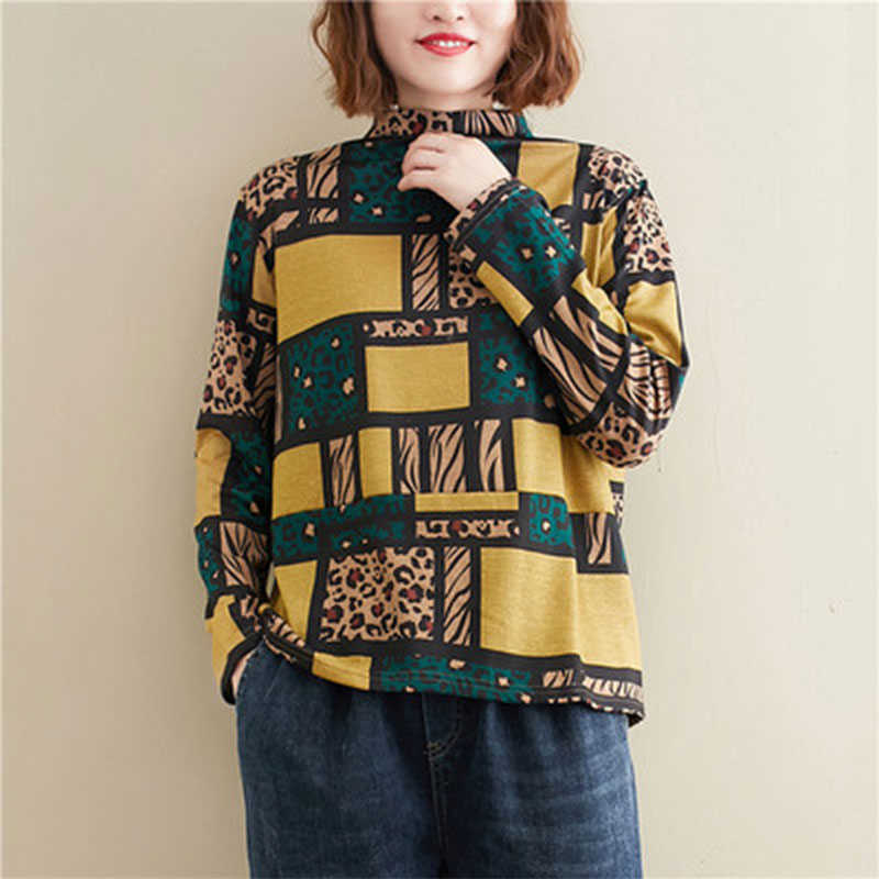 

Spring Autumn Arts Style Women Long Sleeve Turtleneck T-shirt Vintage Print Loose Casual Tee Shirt Femme Tops Big Size M702 210608, Red