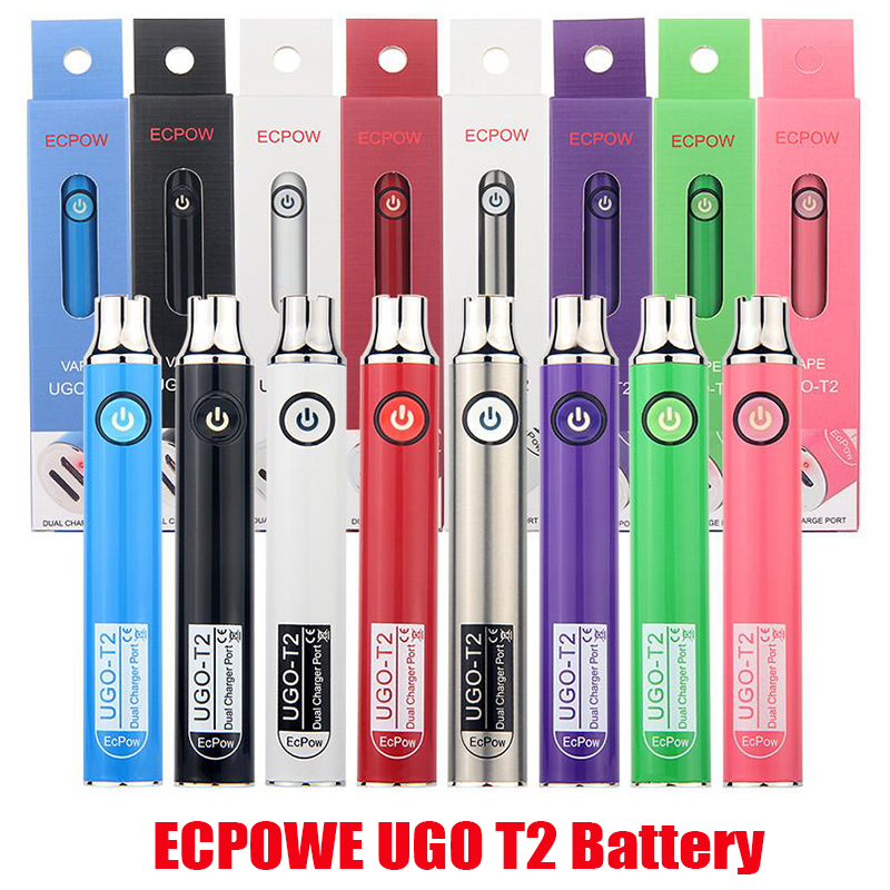 

Original ECPOWE UGO T2 Variable Voltage 650mAh 900mAh Battery Preheat VV Dual Charger Port Vape Pen Batteries For 510 Thread Thick Oil Cartridges 100% Authentic, Red