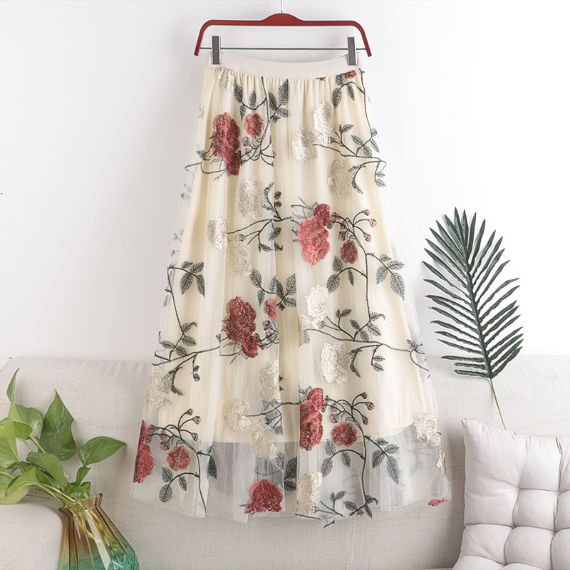 

Skirts Women A-Line Stretch High Waist Flower Embroidery Long Femme Faldas Jupe Saia Spring Mesh B9YI, Black