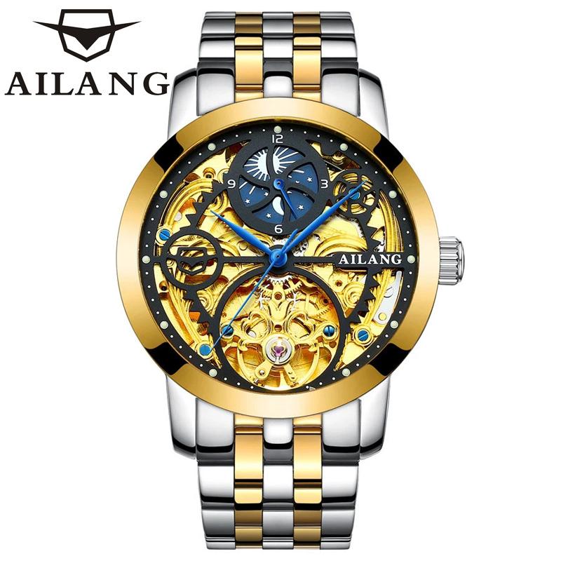 

Wristwatches AILANG Classic Series Golden Skeleton Mechanical Stainless Steel Mens Watch Top Fashion Automatic Relogio, Slivery;brown