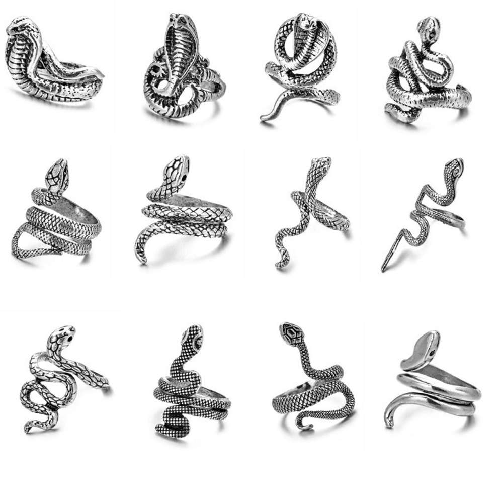 Antique silver alloy open exaggerated snake shaped punk ring, many styles to choose from-image-687178683