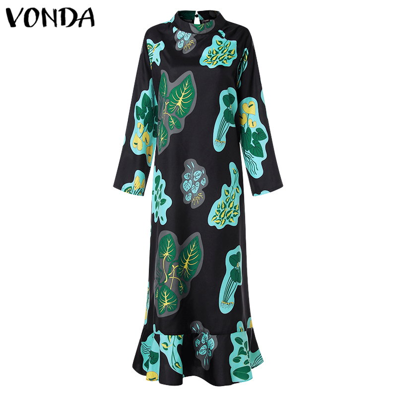 

2021vonda women long maxi dress vintage floral printed long sleeve loose beach sundress 2021 summer dress plus size casual vestidos, Black;gray