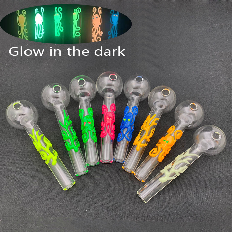 

4inch Heady Glow In The Dark Glass Smoking Oil Burner pipe Spoon Octopus Luminous Hand oil nail Pipe