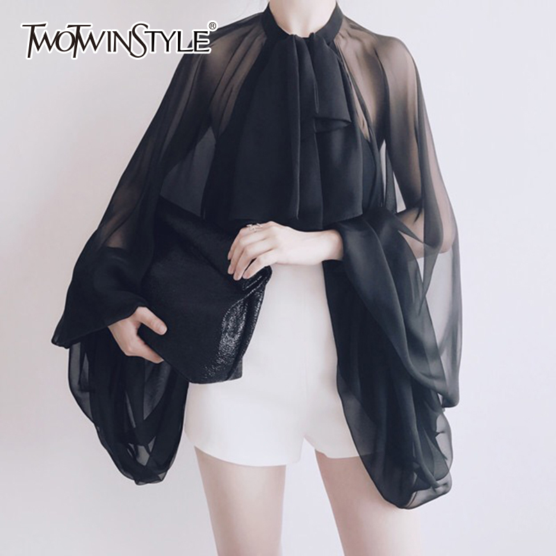 

TWOTWINSTYLE Bowknot Chiffon Blouse Shirt Women Lantern Sleeve Tulle Transparent Sexy Tops Large Size 2021 Spring Summer Casual, Black