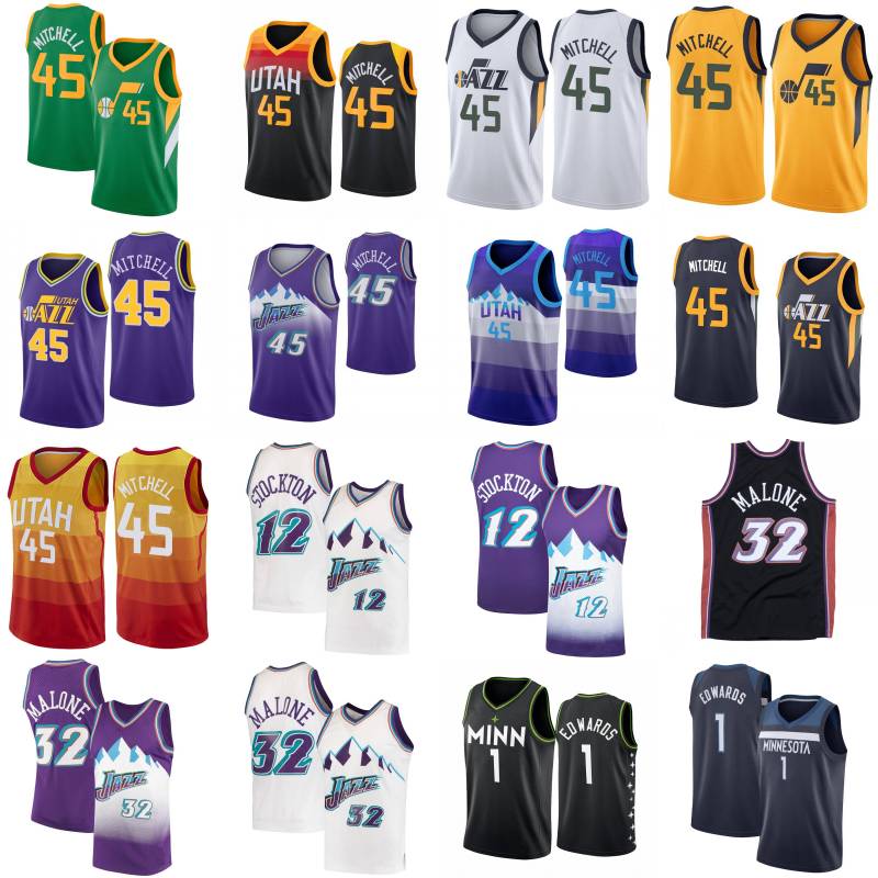 

Donovan 45 Mitchell 1 Edwards Basketball Jersey Mens Karl 32 Malone John 12 Stockton White Purple Retro Shirt, Black;red