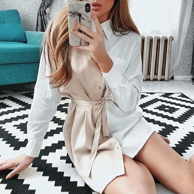 

Paris Girl Elagant Long Sleeve Contrast Color Shirt Dress Turndown Collar Lace Up Stitching Mini Dresses Women 210524, Black