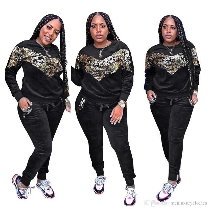 

Sequined Designer Tracksuits 2pcs Hoodies Long Pants Clothing Sets Winter Women Velvet, White