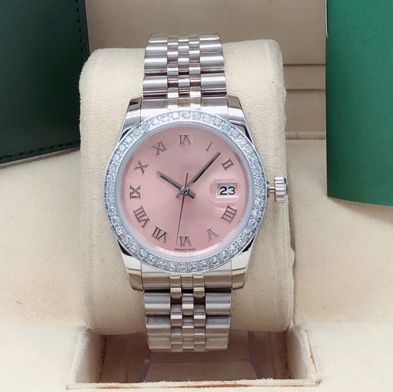 

Fashion Ladies Automatic Mechanical Watch 31mm Diamond Bejeweled Sapphire Classic Pink Face Stainless Steel Fold Buckle Waterproof, Camel