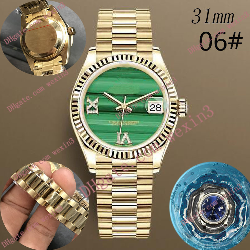 

Deluxe Woman watch 31mm Mechanical automatic frame presidents bracelet Green striped face diamond Roman number montre de luxe 2813 Steel Waterproof Watches, 03
