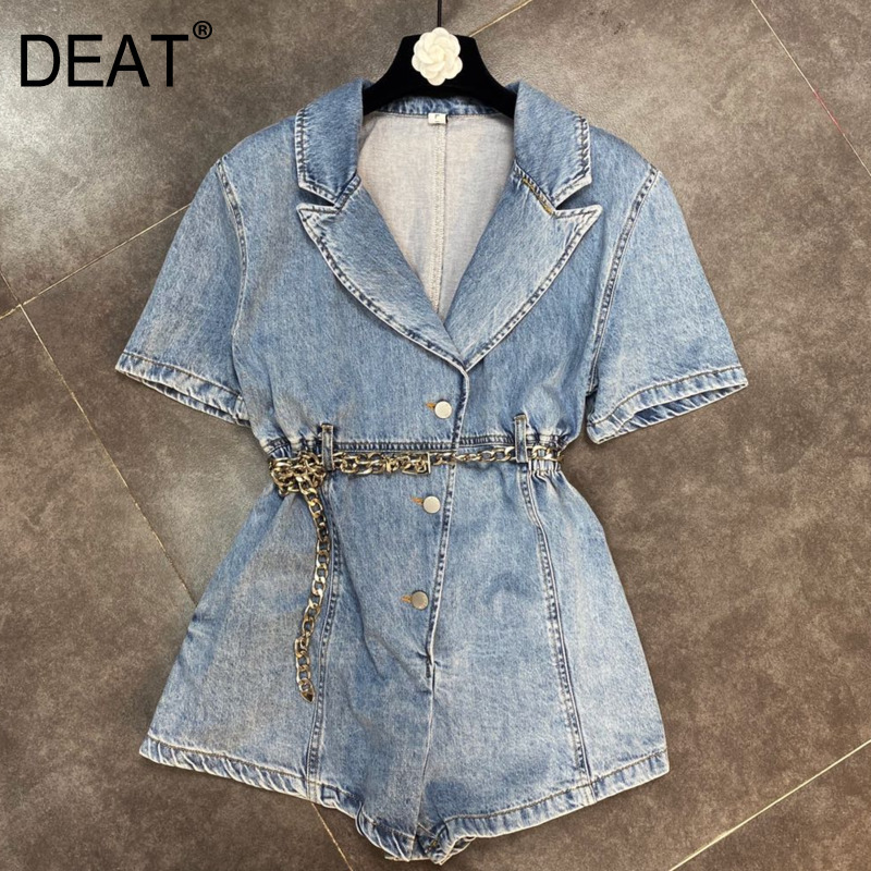 

summer fashion light denim blue high waist belt short jumpsuit turn-down collar sleeves clothes WS30805L 210525, Figure color