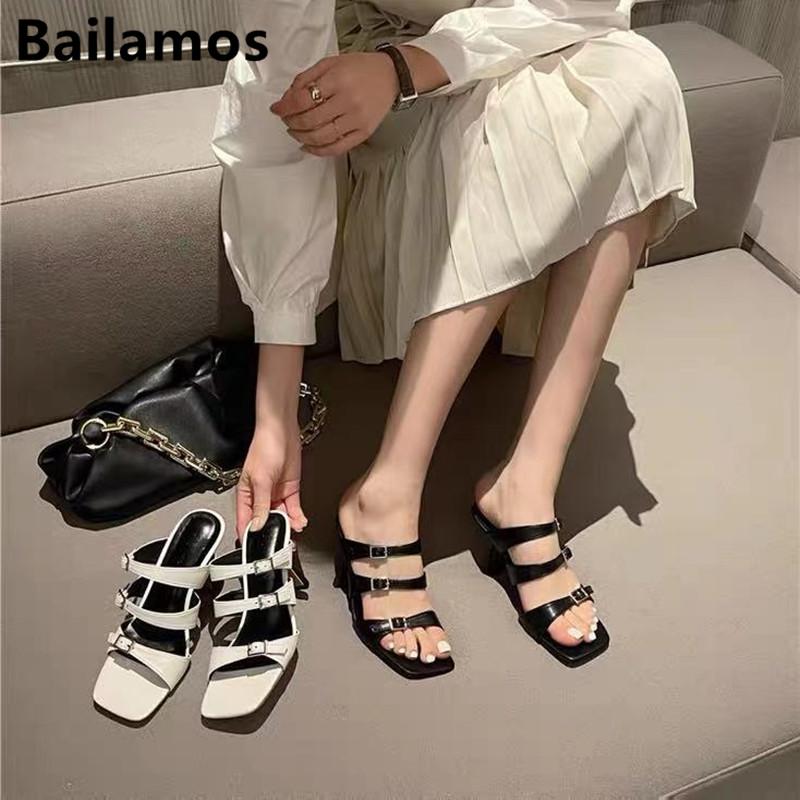 

Bailamos High Heels Women Summer Buckle Strap Open Toe Sandals Black Square Head Sexy Shoes Indoor&Outdoor Slippers