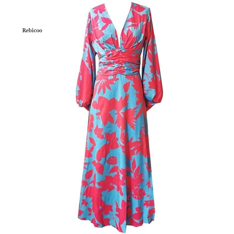 

Casual Dresses Women Sexy Floral Printed Mixi Dress V-Neck Lantern Sleeve High Waist Vintage Party Vacation Long, Black;gray