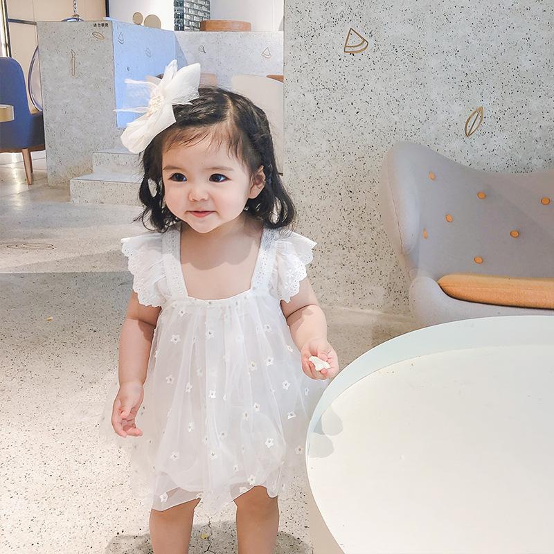 

Girl's Dresses Toddler Clothes Sweet Little Flower Pattern Net Gauze Princess Dress White Pink Summer Comfortable