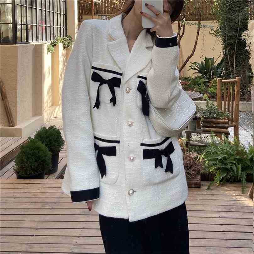 

Blends Women Coats Bows Outwear Warm Elegant Turn Down Collar Loose Korean Retro Female Casual Long Clothe 210525, Photo color