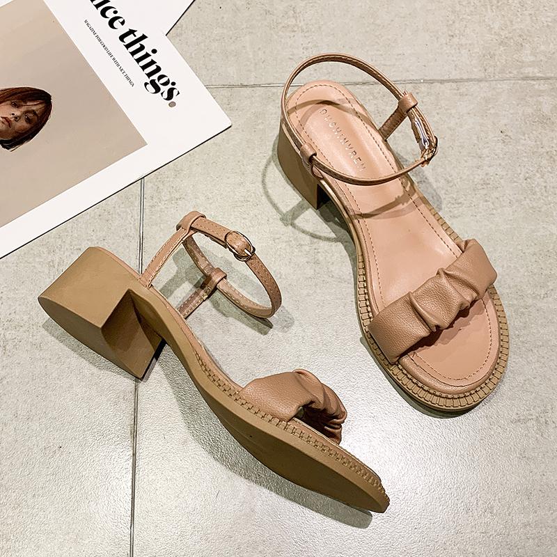 

Sandals 2021 Summer Pleated Women Fashion Brand Designer Chunky High Heels Ladies Shoes Elegant Black Beige