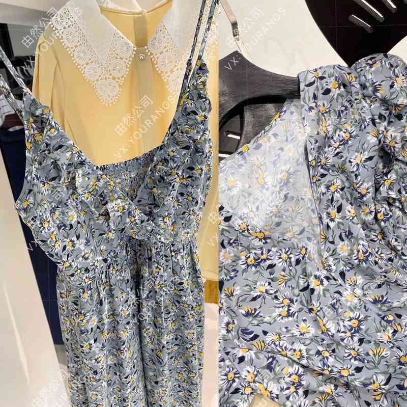 21 Spring / Summer Nanfa Oil Painting Chrysanthemum Blue Ocean Print Australia Ag Daisy Floral Suspender Drs-image-702002616