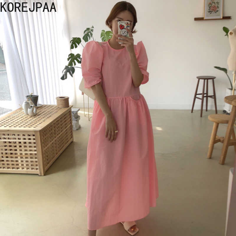 

Korejpaa Women Dress Summer Korean Chic Girls Sweet Age Reduction Round Neck Big Pocket Design Loose Puff Sleeve Vestidos 210526, Pink